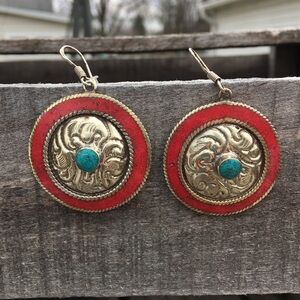 Tibetan Red Coral & Turquoise Circle Earrings! NEW!